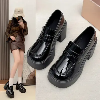 Women Black Thick Heel Loafers with Non-Slip Sole