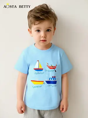Aostabetty26 Boys T-Shirt Sailboat Print Light Blue