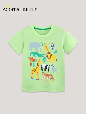 2026 New Boys T-Shirt Green Animal Print Round Neck Knitted Cotton