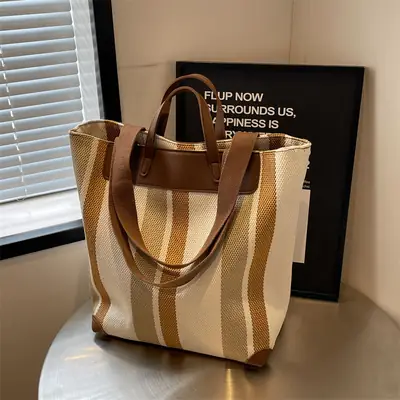 Women Retro Canvas Tote Bag Black White Stripes 2026