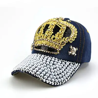 Women's Pearl Diamond Baseball Cap with Gold Embroidery
