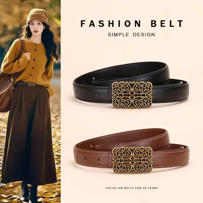 2025 Women's Retro Maillard Belt with Gold Embroidery