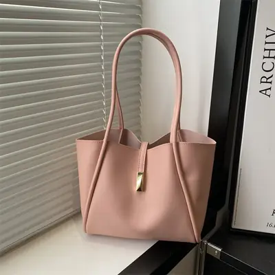 Black Leather Shoulder Bag with Gold Clasp for Women