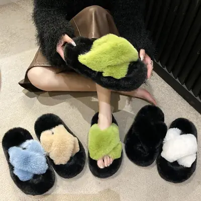 All-match Mao Mao Mao Slippers Women's Thick Bottom Outer Wear Autumn and Winter New Super Fire Net Red Slippers with Elevated Heel Cross Cotton Slippers