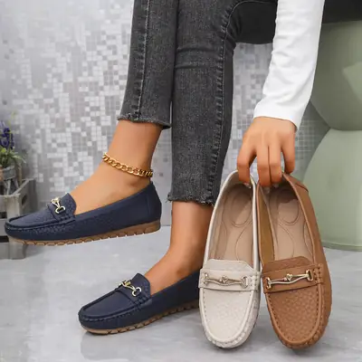 Women's Brown Leather Flat Loafers with Gold Chain