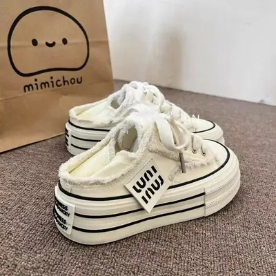 Niche Original Beggar Canvas Shoes Women's 2025 Spring New Thick-soled Increased Two-wear Step-on Heel Half-drag White Shoes