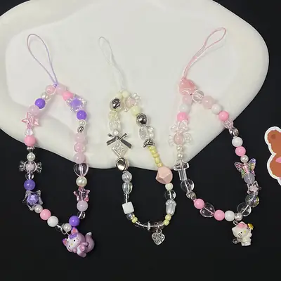Pink Beaded Mobile Phone Chain for Girls