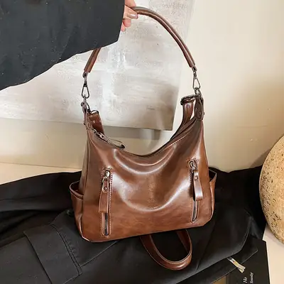 Brown Textured Multi-Zipper Shoulder Bag for Women