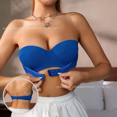 Blue Bralette with Transparent Shoulder Strap for Women