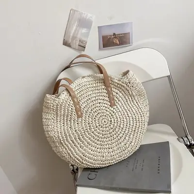 One-Shoulder Round Straw Bag for Women