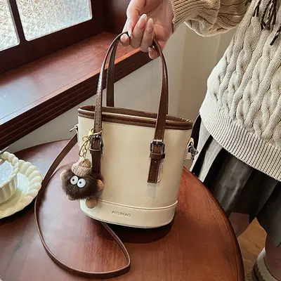 Women Retro Crossbody Bag Brown Pom Pom Charm