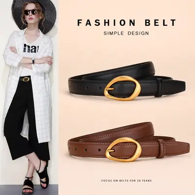 Women Rose-Inspired Black Leather Belt with Gold Buckle