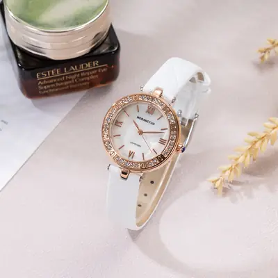Women's Rose Gold Diamond Watch with Black Belt