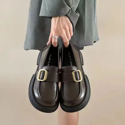 Women British-style Brown Chunky Heel Shoes
