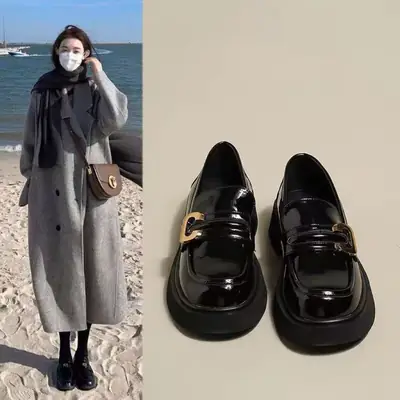 Black British Style Women's Loafers with Gold Buckle