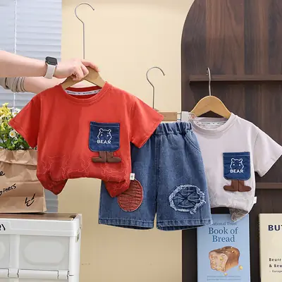 2025 Summer Boys Cotton T-Shirt & Denim Shorts Set