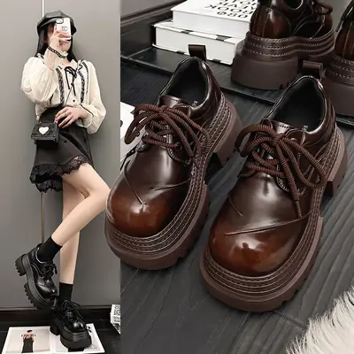 Black Leather Platform Loafers with Thick Sole