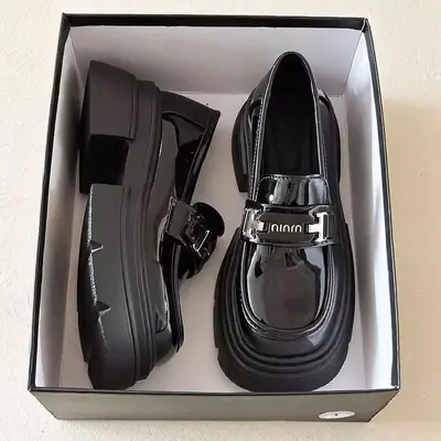 Black British Style Women's Loafers with Thick Sole