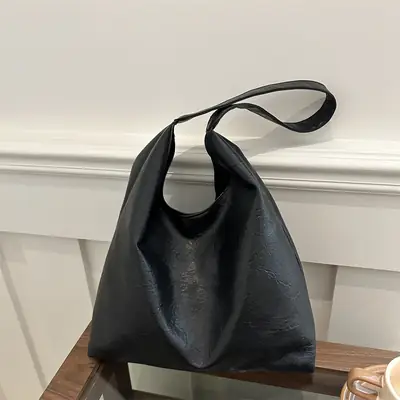 Black Leather Shoulder Bag Large Capacity Lazy Style