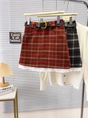 Vintage Plaid Wool Skirt with Belt for Women