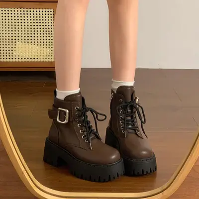Black Lace-Up Platform Boots Women Small