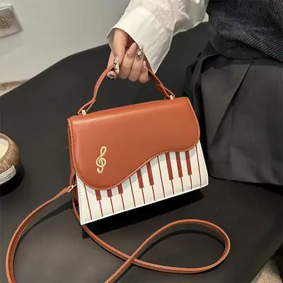 Women Embroidered Piano Shoulder Bag Brown Red