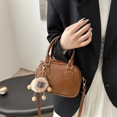 Vintage Women's Brown Shoulder Crossbody Bag with Pom Pom Charm