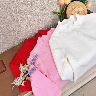 Red Beaded Angora Fleece Sweater for Girls Mid-Neck