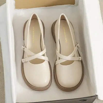 Women's Cream French Style Leather Mary Jane Shoes