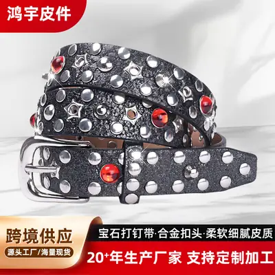 Men Women Rhinestone Buckle Belt with Red Stone