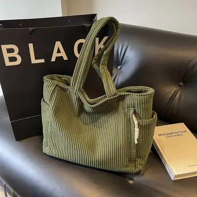 Green Fleece Shoulder Bag Women's Trendy Shopping Tote