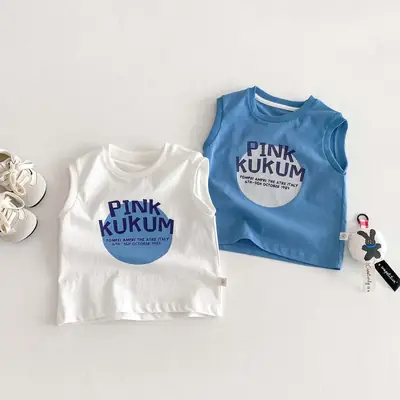 Boys Sleeveless T-Shirt Pink Blue Letter Print