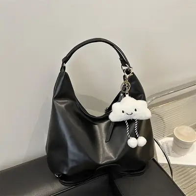 Black Soft PU Shoulder Bag with Cloud Keychain