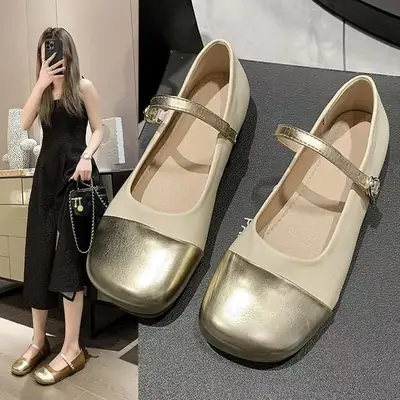 Women's Gold & Beige Mary Jane Flat Shoes 2024