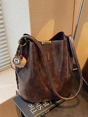 Vintage Brown Leather Bucket Bag with Chain Strap