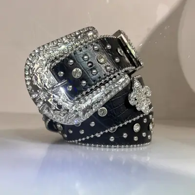 Black Rhinestone Belt with Cross-Over Diamond Studded Design
