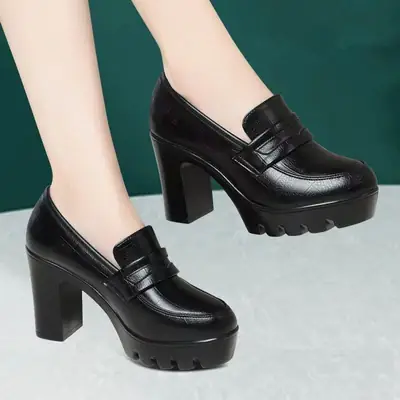 Women's Black Leather Heel Shoes 8cm Thick Platform