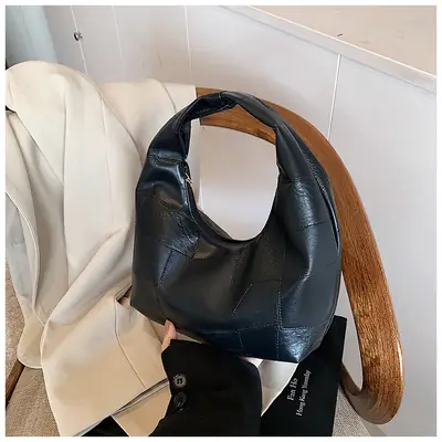 Black Leather Shoulder Bag Large Capacity Lazy Style