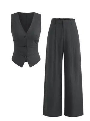 Women V-neck Button Vest & Wide Leg Pants Set Black
