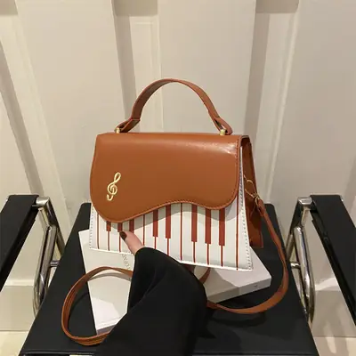 Women's Embroidered Piano Bag Brown Leather Shoulder Crossbody