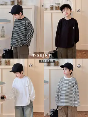 Tongku 2026 Boys T-Shirt Striped Round Neck Embroidered