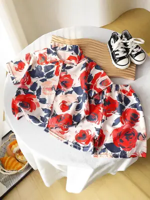 Children's Floral Silk Summer Suit Brown