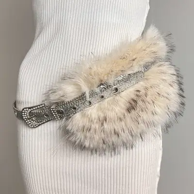 Faux Fur Belt with Rhinestone Buckle for Women