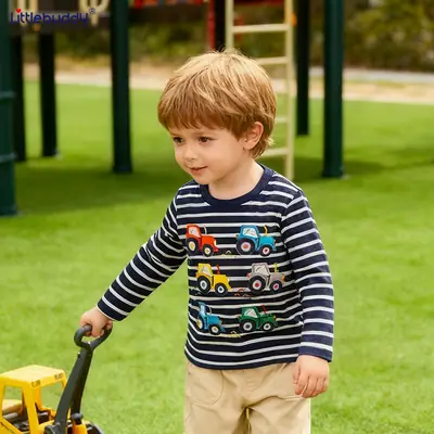 Long Sleeve T-Shirt Striped Car Print Boys Girls 2024