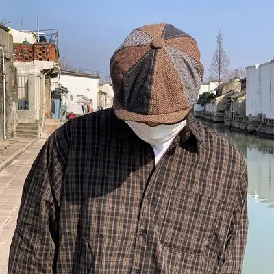 Men's Plaid Beret Hat with Face Mask