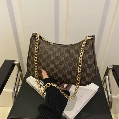 High-End Brown Monogram Shoulder Bag with Gold Chain