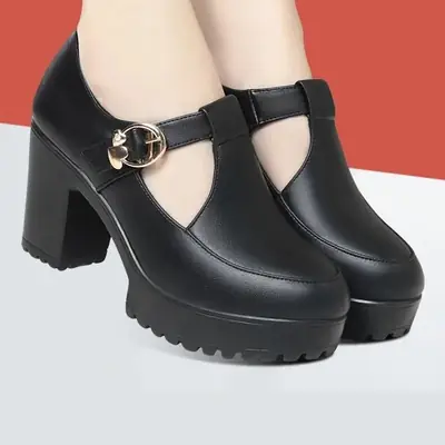 Black Leather Mother's High Heel Cheongsam Shoes