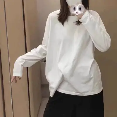 MJUNLQIOU Home Youjia Long Sleeve Base Shirt Black and White T-Shirt Cotton All-match Unisex Collar with Logo White