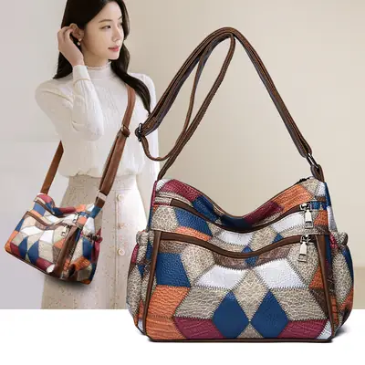 Crossbody Women's Bag with Multi-Layer Zipper & Contrasting Colors