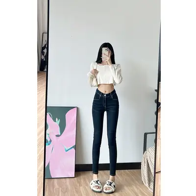 Women Fleece Cropped Jeans Dark Blue Slim Fit